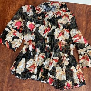 Jacket Floral  floral and gold. Semi sheer Large bell sleeves red black